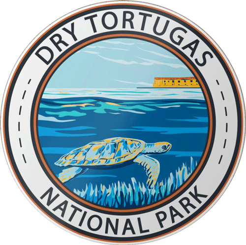 stylized dry tortuga national aprk logo with turtle as main icon and ocean in background